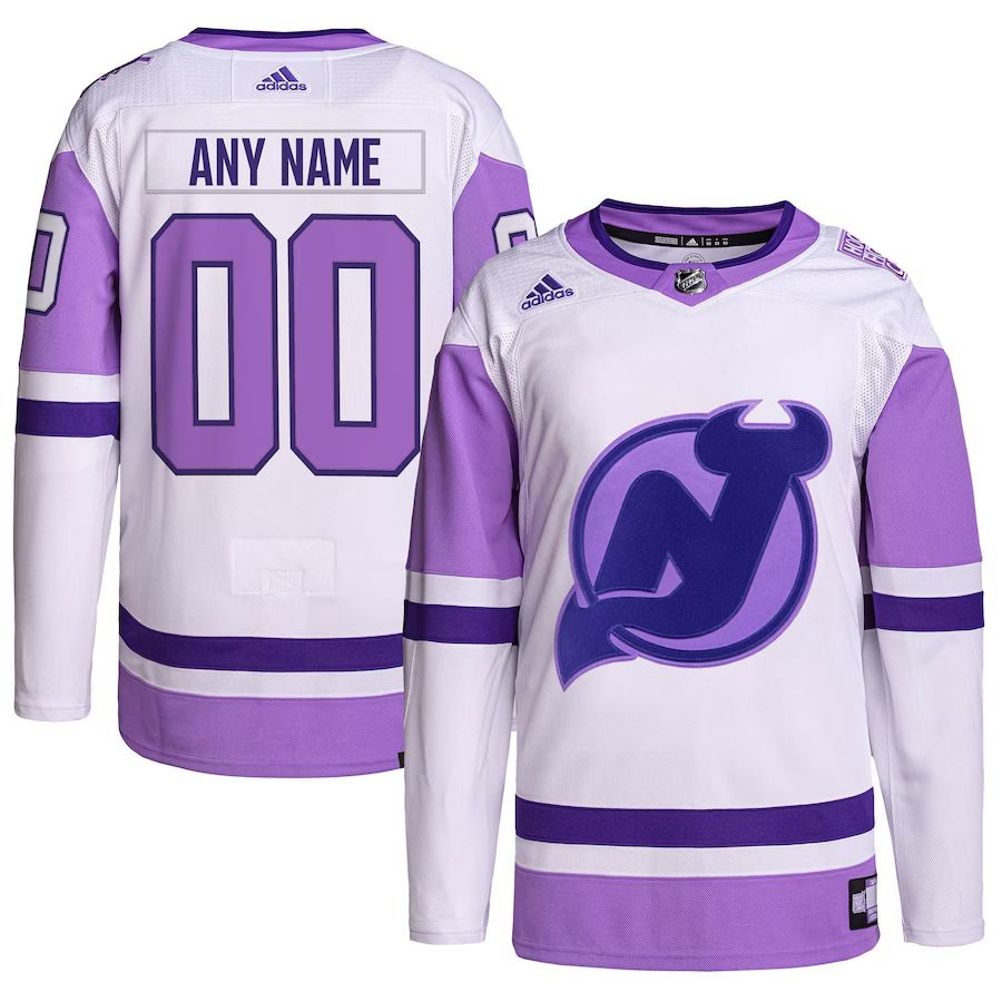 Men New Jersey Devils adidas White Purple Hockey Fights Cancer Primegreen Authentic Custom NHL Jersey-0